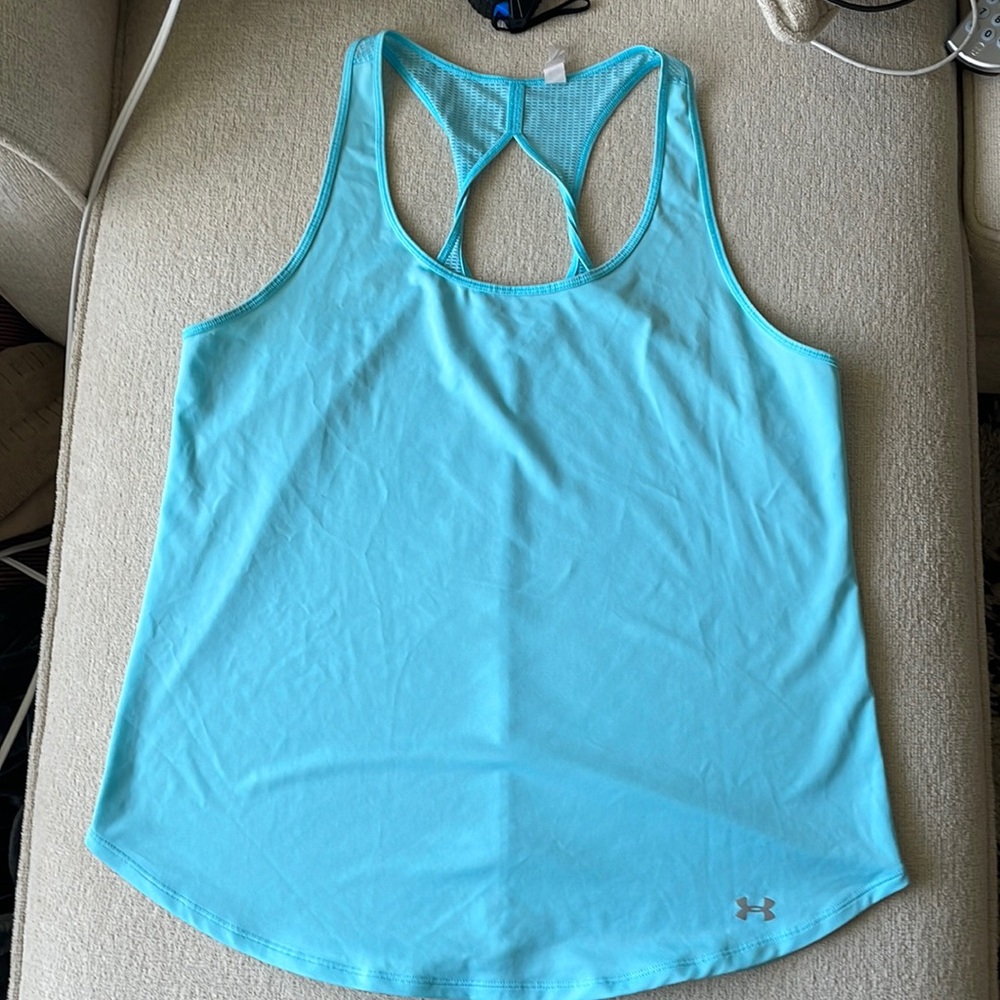 EUC blue under armour twist back mesh back workout tank